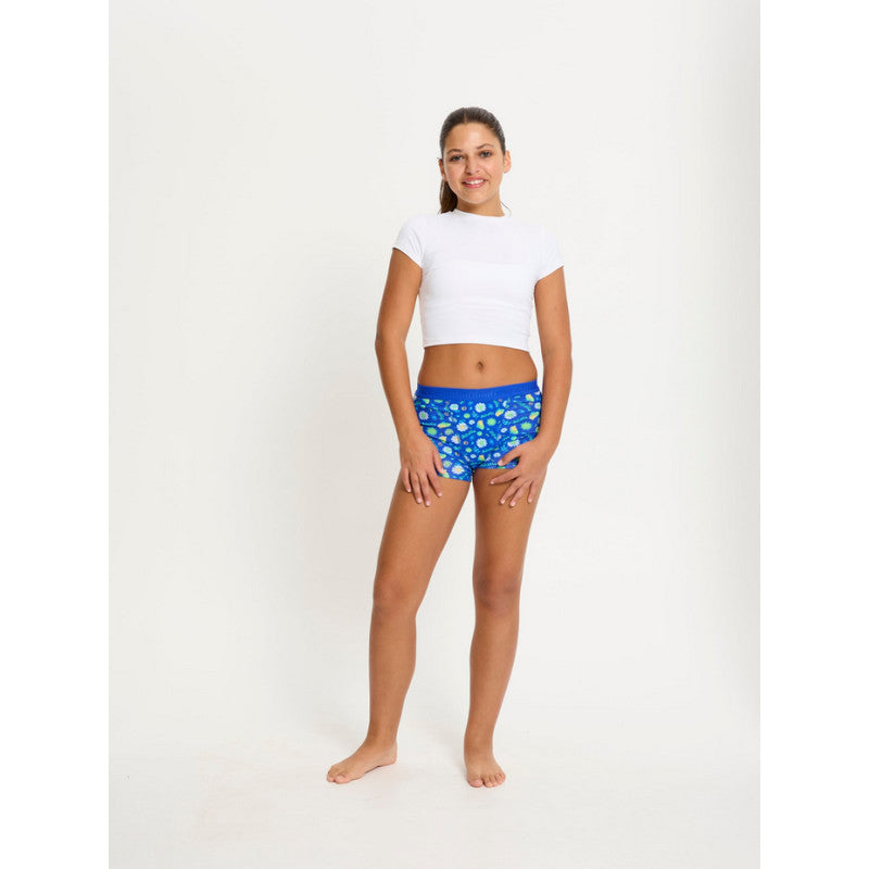 Dívčí menstruační kalhotky Modibodi Teen Hipster Boyshort Super Boho Botanical Blue (DMKMTHBSBBB)